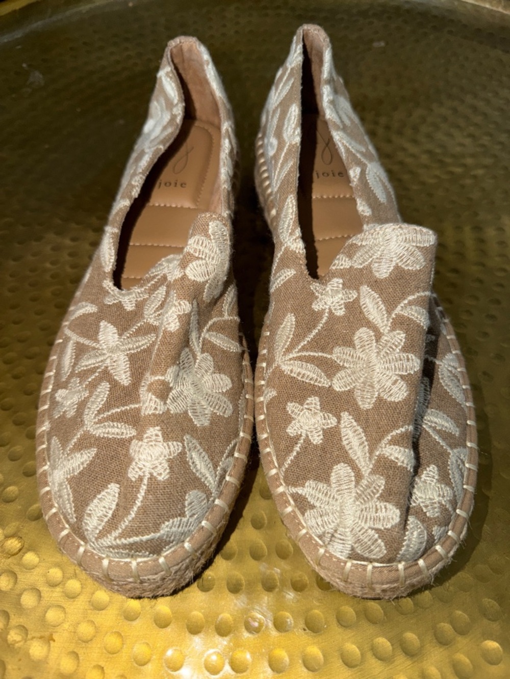 Joie Beige Canvas Slip-On Espadrilles with White Floral Embroidery